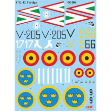 Сборная модель: 1:32 Декаль для Fiat CR.42 Falco, 4 варианта: ВВС Венгрии, Бельгии и Швеции D3206 ICM